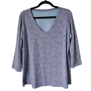 J Jill Forward Seam Tee Women's Medium Blue Floral Print 3/4 Sleeve V-neck